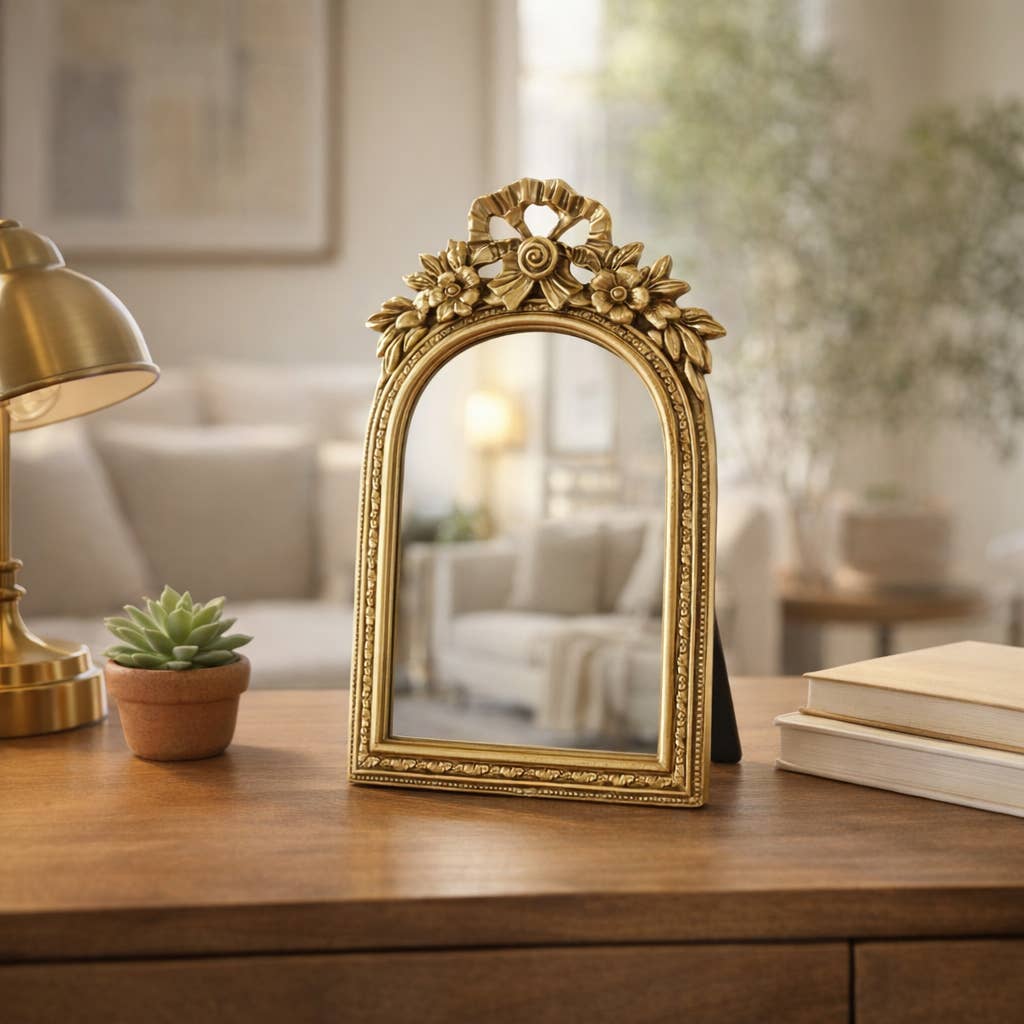Wall Mirror - Gold Glass Gilded Bow Arch Framed, 10 in.