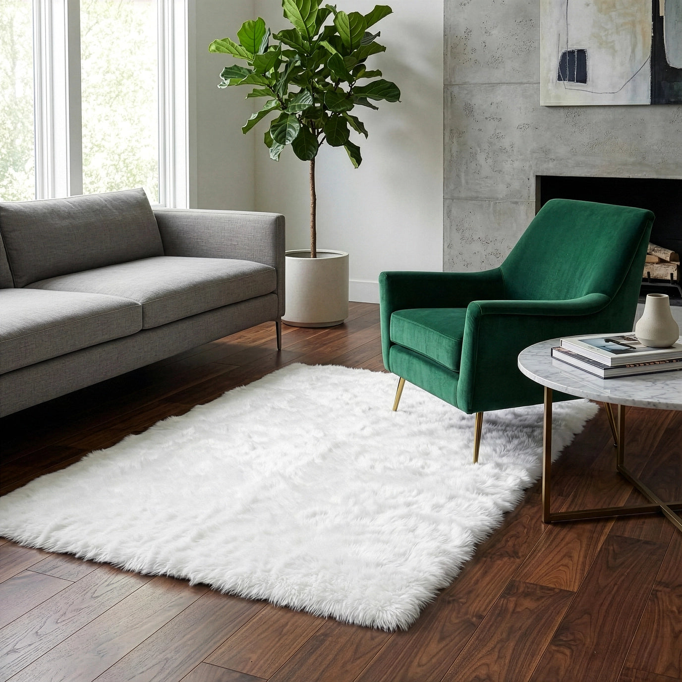 Arial Faux Sheepskin Rug White, 5'x3'